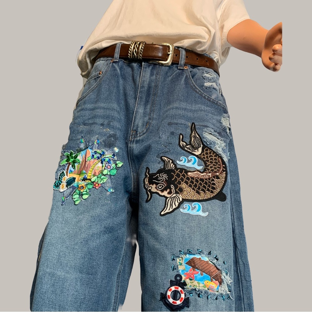 Upcycled Embroidered, Patched, and Distressed Barrel Jean with a Caribbean Theme - Picture 5 of 14